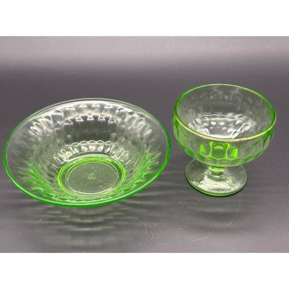 Vintage Federal Glass Pear Optic Green Depression Glass Sherbet Cup & Bowl Set - Picture 6 of 10